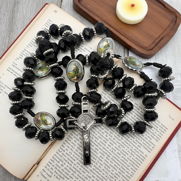 St. Jude Rosary 19” Black Faceted Beads Silver Crucifix Catholic Prayer Beads - Picture 7 of 7